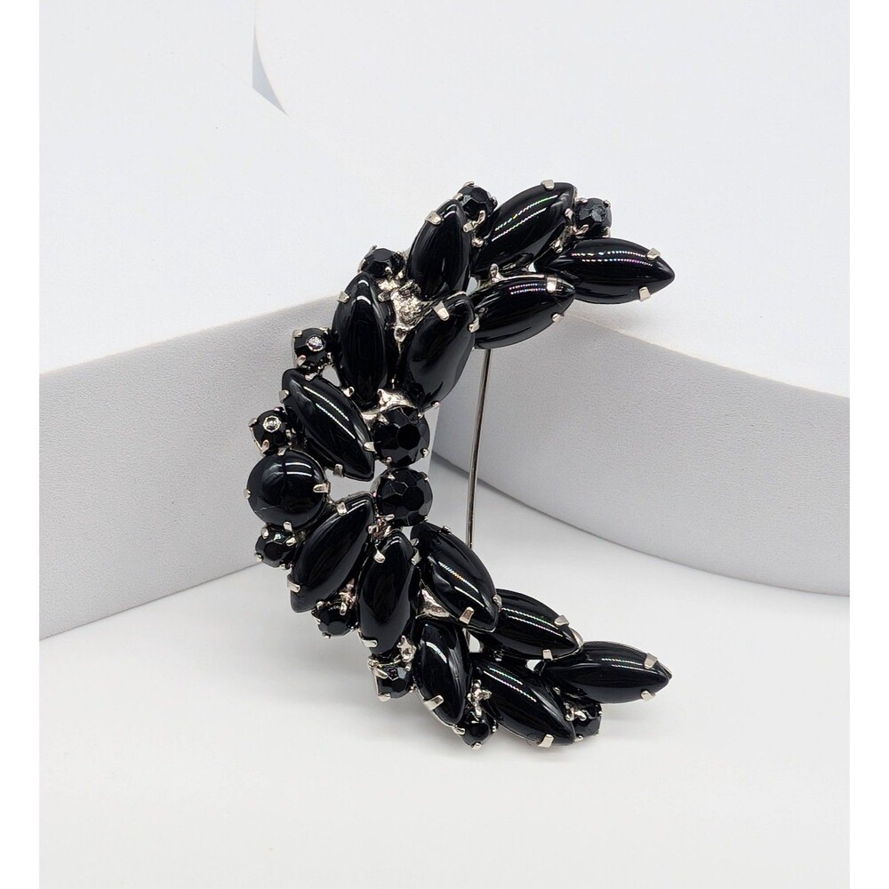 VTG Black Navette Rhinestone Crescent Moon Shaped Brooch Silver Tone Open Back